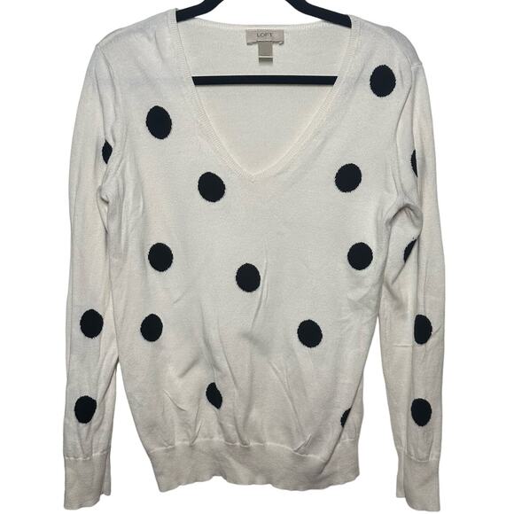 Loft White Black Polka Dots Long Sleeve V Neck Sweater Size Small - Picture 1 of 6